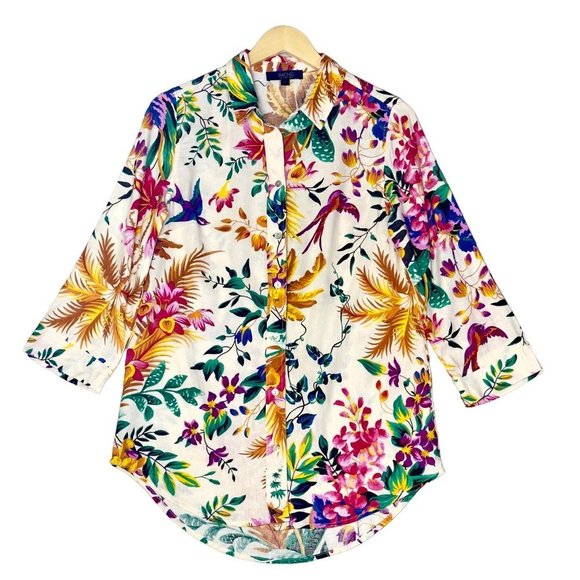Rachel Roy Bright Multicolor Floral Novelty Linen Blend Button Down Blouse Sz S - Picture 1 of 9